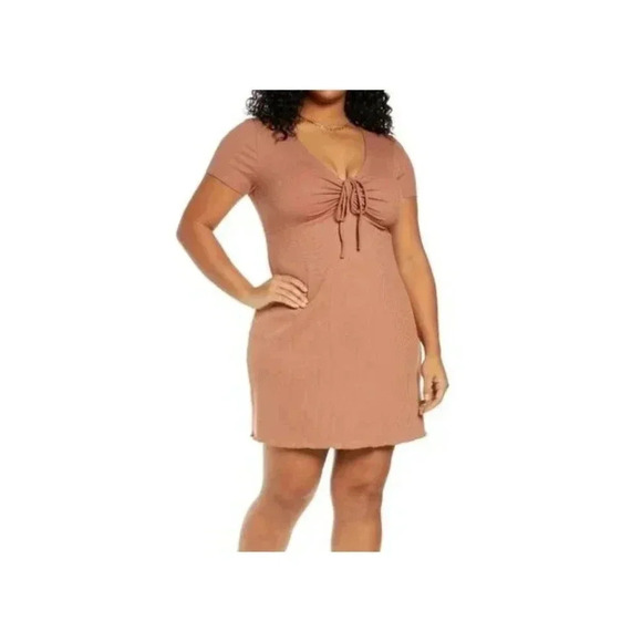 BP Mocha Ribbed Lettuce Trim Mini Dress Size 1X - Picture 1 of 8